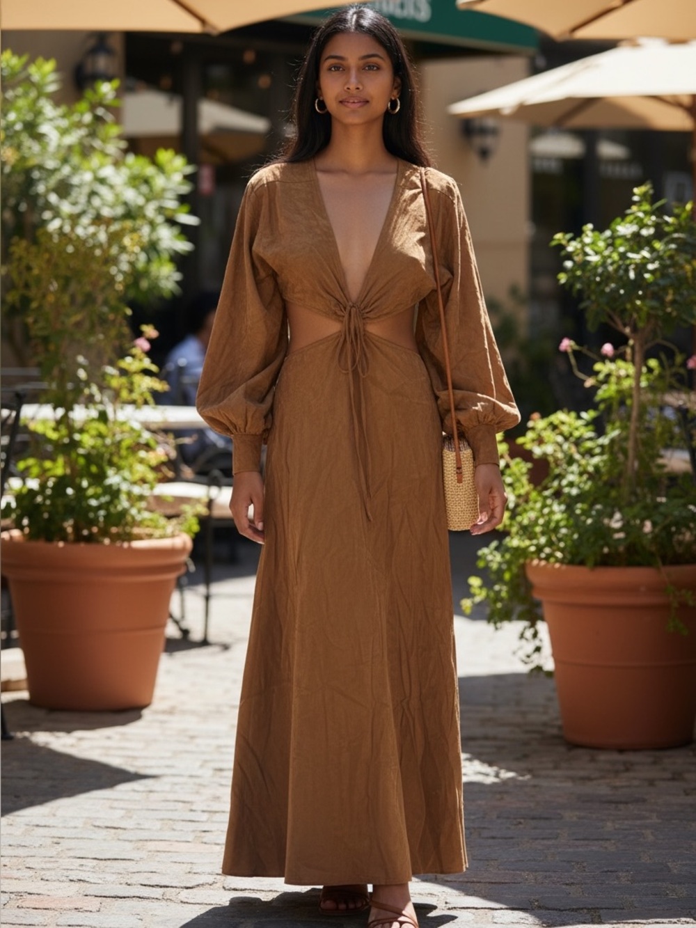 ASOS Ruched Drawstring Cutout  Maxi Dress in Mocha NWT